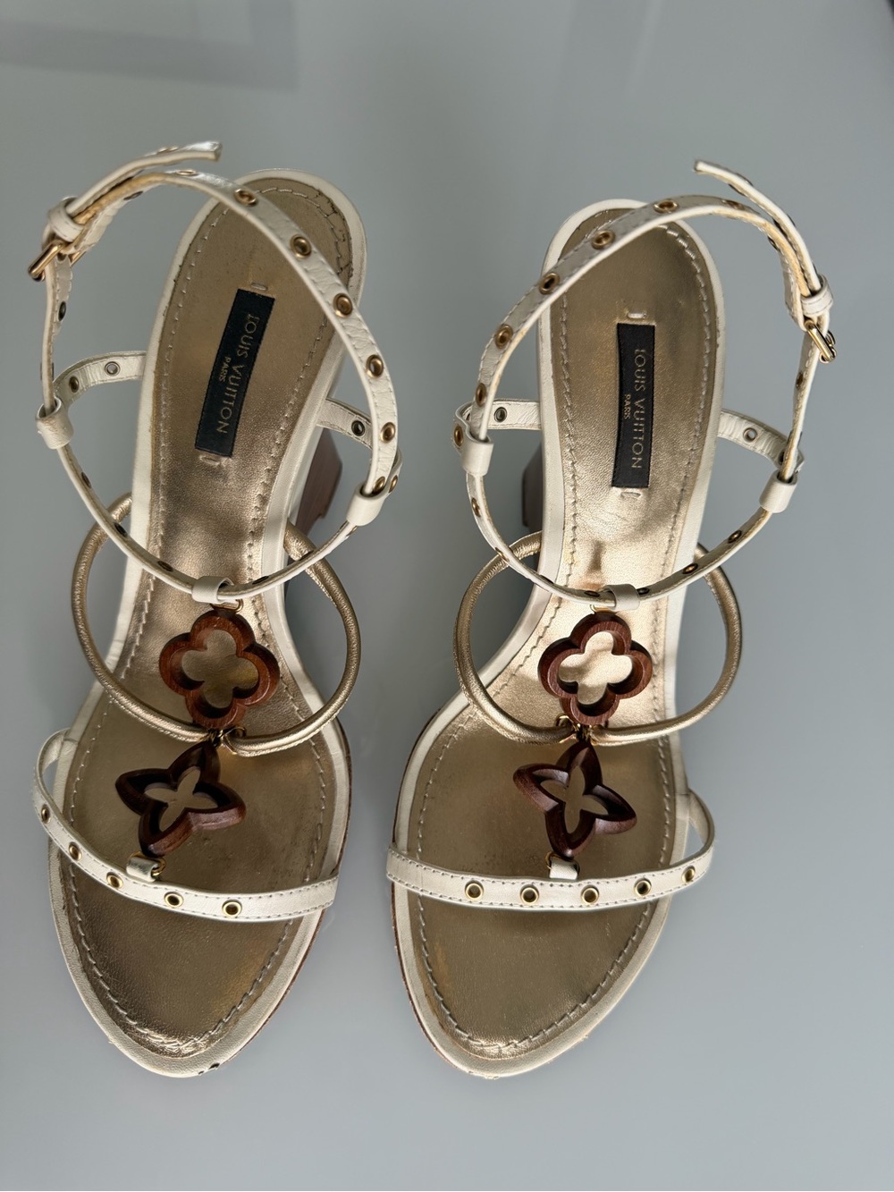 Louis Vuitton White Gold Studded Leather Sandals